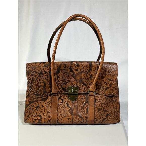 Patricia Nash Tooled Embossed Leather Vienna Satchel Handbag Brown Tote Bag - Picture 1 of 16